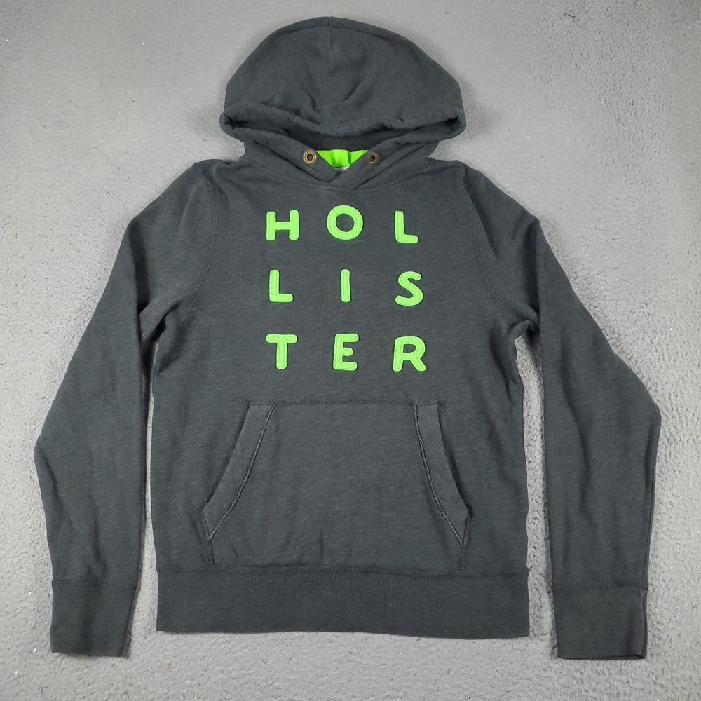 Hollister Gray Pullover Hoodie Sweatshirt Neon Green Logo Women's Size Medium